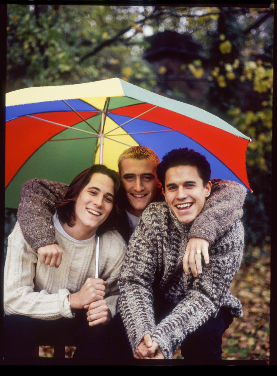 Group portrait of actors Nick Pickard, Will Mellor and Jeremy Edwards, stars of Channel 4 sitcom 'Hollyoaks', portrait, United Kingdom, 1995. (Photo by Tim Roney/Getty Images)