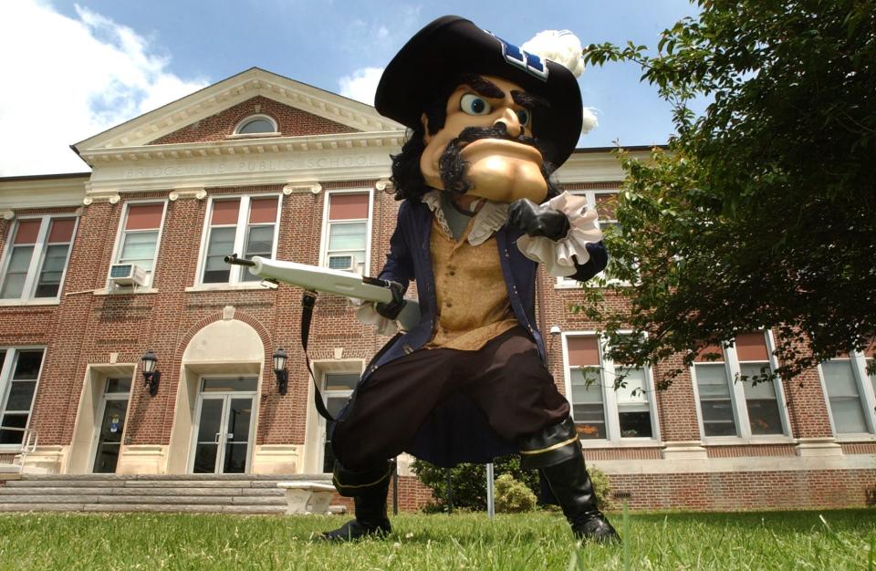 Woodbridge High School senior Brandon Tull in his costume as mascot for the Blue Raiders on May 15, 2008.