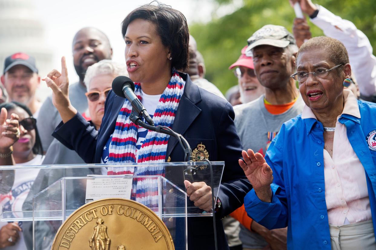 D.C. Mayor Muriel Bowser and Del. Eleanor Holmes Norton (right) speak at a rally for D.C. statehood in 2021. (Photo: Tom Williams via Getty Images)