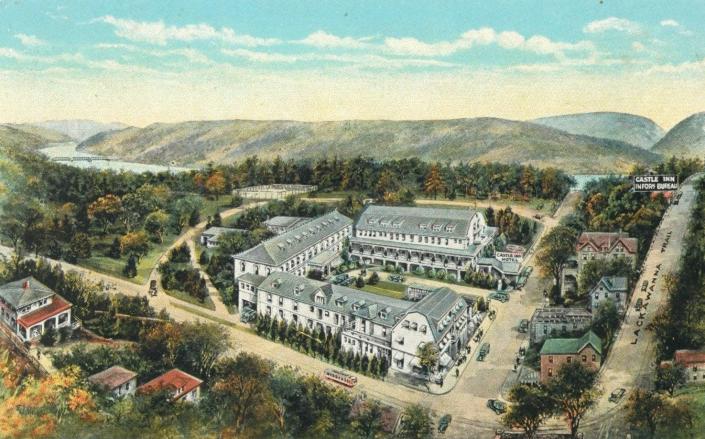 A vintage aerial rendering of the Castle Inn and Lackawanna Trail in Delaware Water Gap.