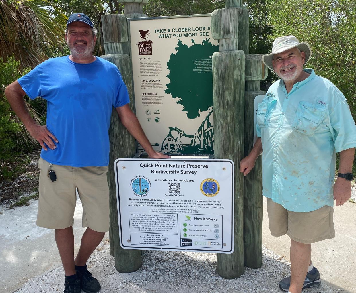 A new sign at Quick Point Nature Preserve in Longboat Key invites visitors to participate in a biodiversity survey using the iNaturalist app. The team that developed the project included David Glosser, right, and Rob Cybulski.