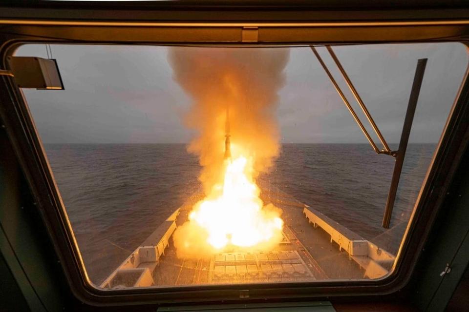 An ASTER 30 missile fired aboard the Aquitaine-class French frigate Bretagne.