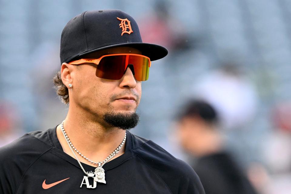 Detroit Tigers' Javier Baez looks over during warmups before a baseball game against the Los Angeles Angels at Angel Stadium in Anaheim, California, on Friday, Sept. 15, 2023.