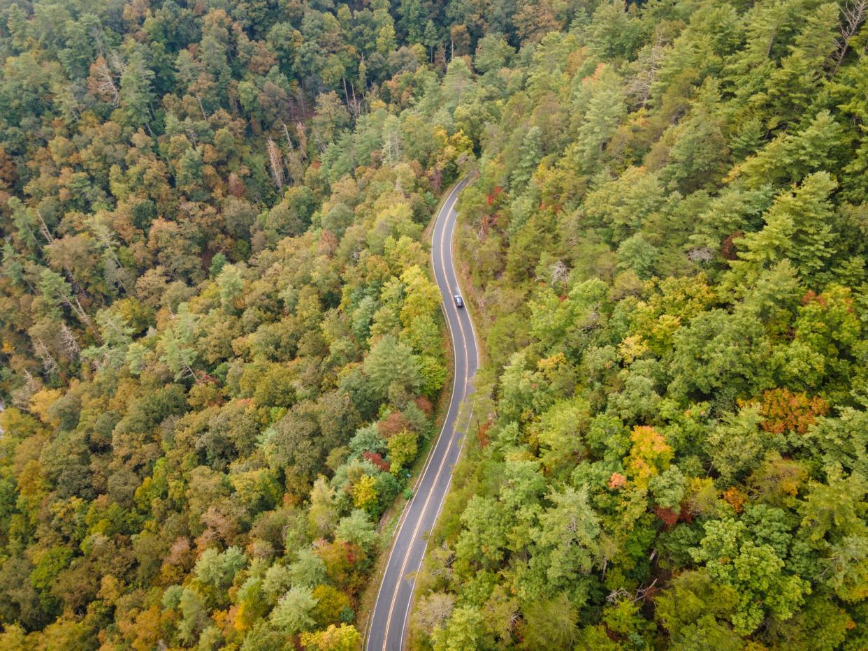 Winding road in the mountains of western North Carolina near the Tennessee border in the fall.