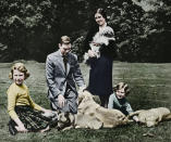 The royal family forming a happy group of dog lovers; with their Tibetan lion dog, labradors, and corgis, 1937. A print from the Illustrated London News: Coronation Record Number, London, 1937. (Colorised black and white print). Artist Michael Chance.. (Photo by The Print Collector/Getty Images)