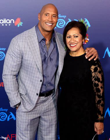 <p>Albert L. Ortega/Getty Images</p> Dwayne Johnson (left) and his mother Ata Johnson on Nov. 14, 2016