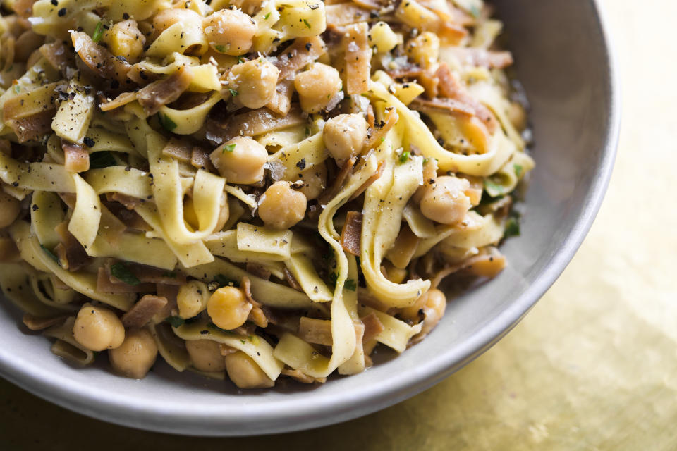 This image released by Milk Street shows a recipe for crispy chickpea pasta. (Milk Street via AP)