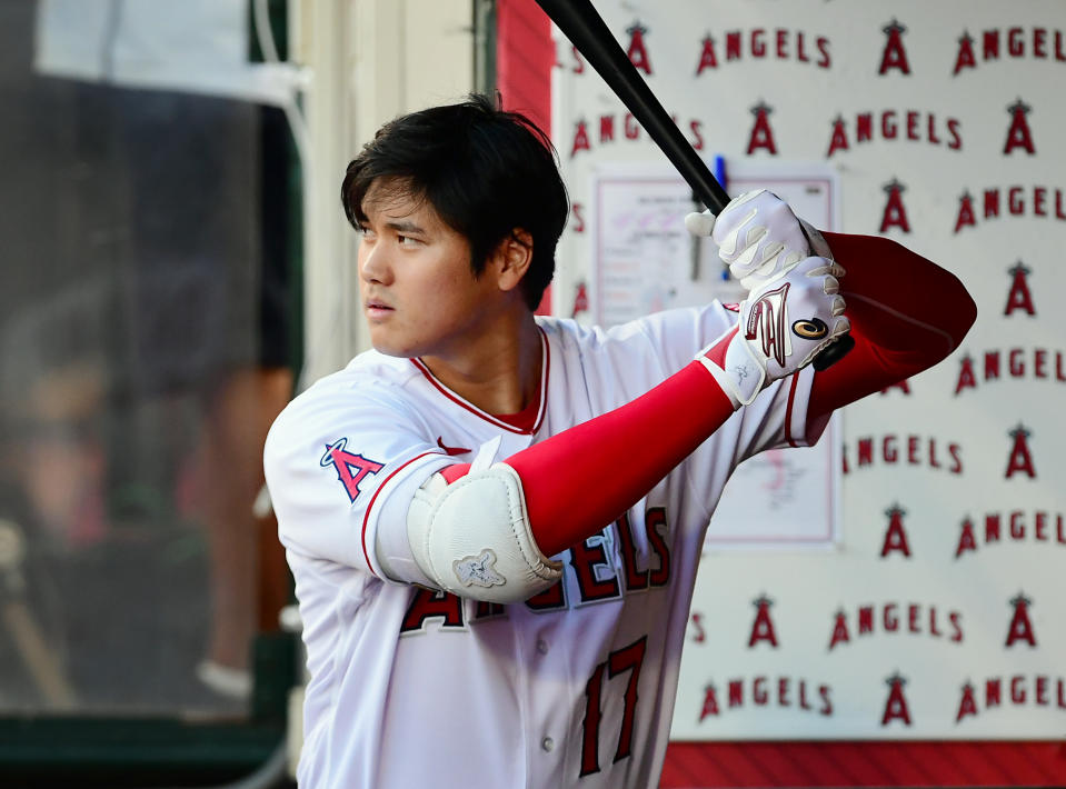 ANAHEIM, CA - JULY 02: Los Angeles Angels designated hitter Shohei Ohtani (17) in the dugout during a game against the Baltimore Orioles played on July 2, 2021 at Angel Stadium in Anaheim, CA. (Photo by John Cordes/Icon Sportswire via Getty Images)