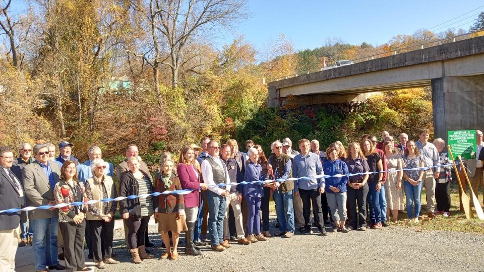 Everyone was invited to join in the ribbon cutting photo for the new Lackawaxen River Access Park in White Mills, Oct. 27, 2023. This is the second of four improved river access points planned in Wayne County.