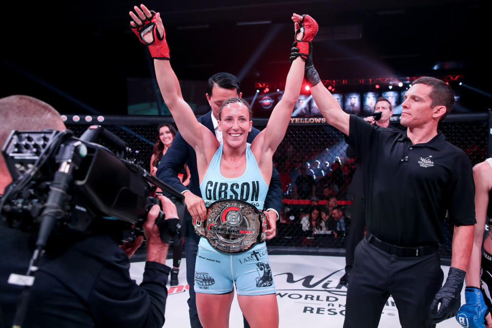 Julia Budd celebrates after defeating Olga Rubin (not pictured) at Bellator 224 on July 12, 2019 at the WinStar World Casino in Thackerville, Oklahoma.
