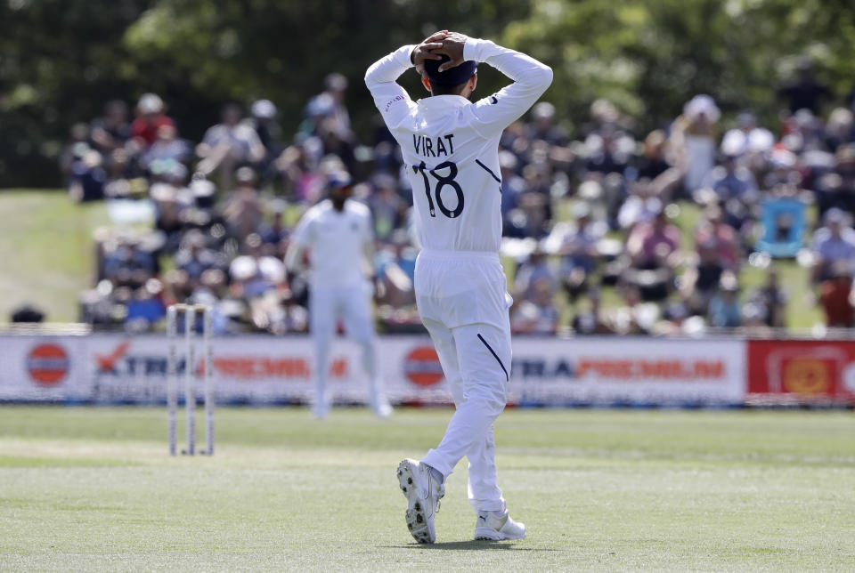 India's Virat Kohli reacts during play on day two of the second cricket test between New Zealand and India at Hagley Oval in Christchurch, New Zealand, Sunday, March 1, 2020. (AP Photo/Mark Baker)