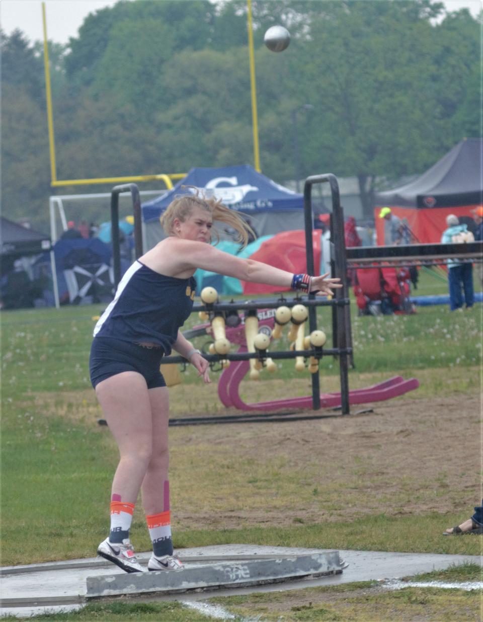 Ella Moylan competes in the shot put during the MHSAA Regional 11-2 track meet on Friday, May 19 at Shepherd High School.