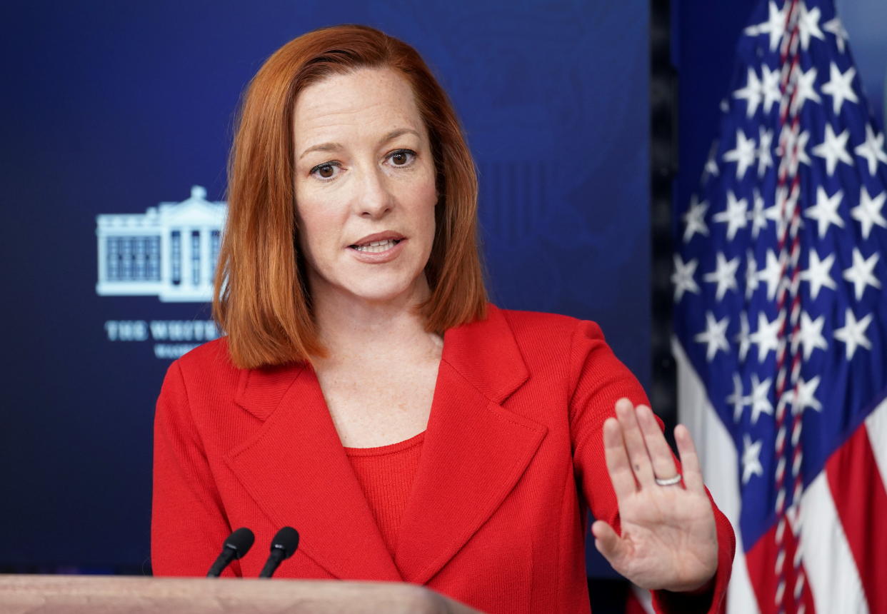 White House press secretary Jen Psaki speaks during a briefing at the White House in Washington, U.S., March 2, 2021. REUTERS/Kevin Lamarque     