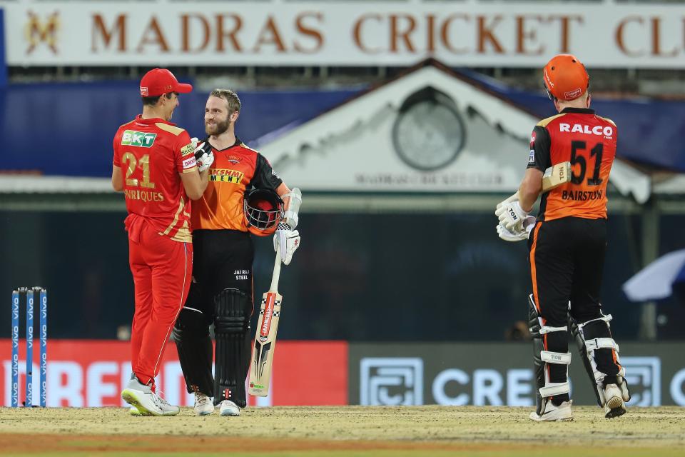 Kane Williamson of Sunrisers Hyderabad and Moises Henriques of Punjab Kings greet each other after match 14 of the Vivo Indian Premier League 2021.