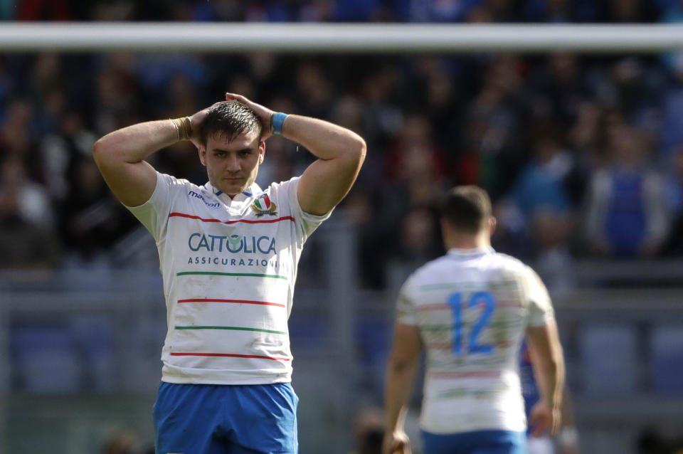 Italy's Jake Polledri reacts during the Six Nations rugby union international match between Italy and France, at the Rome Olympic stadium, Saturday, March 16, 2019. (AP Photo/Alessandra Tarantino)