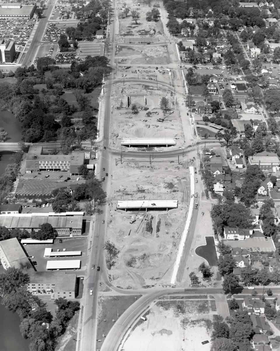 Aerial view of construction on I-496  in the 1960s.