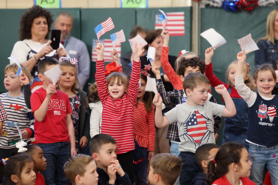 The students during a Veterans Day program put together by the kindergarten students of Beaver Brook Elementary School in Abington on Thursday, Nov. 19, 2022.