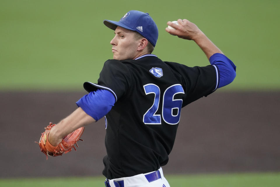 Eastern Illinois pitcher Ky Hampton throws against Vanderbilt during the second inning of an NCAA college baseball tournament regional game Friday, June 2, 2023, in Nashville, Tenn. (AP Photo/George Walker IV)
