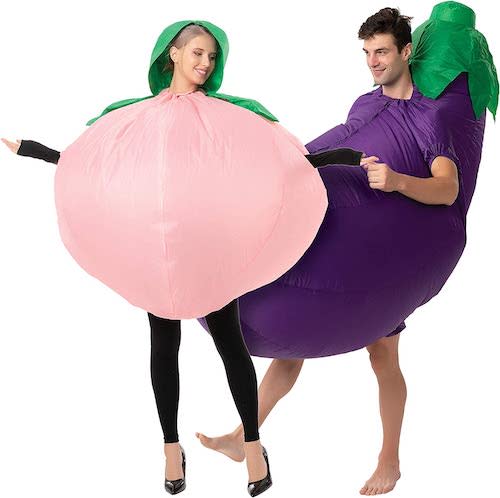 inflatable peach and eggplant emoji couple's halloween costumes