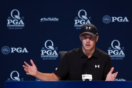 Aug 9, 2017; Charlotte, NC, USA; Jordan Spieth speaks during a press conference during a practice round for the 2017 PGA Championship at Quail Hollow Club. Mandatory Credit: Kyle Terada-USA TODAY Sports