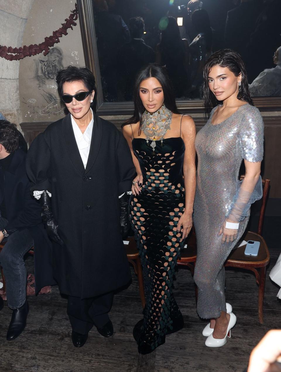 kris jenner, kim kardashian and kylie jenner are seen arriving at the maison margiela fashion show on january 25, 2024 in paris, france photo by megagc images