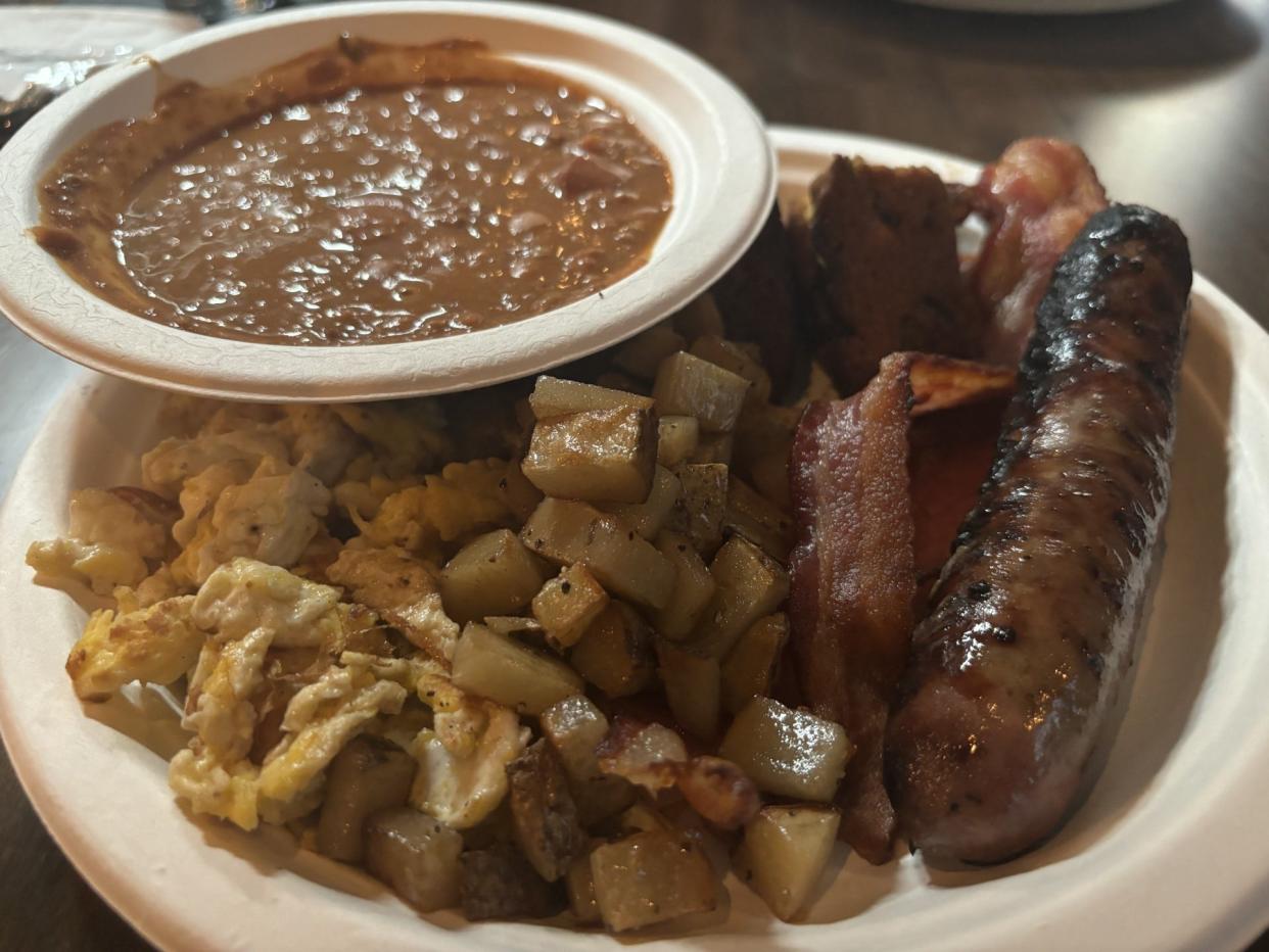The Brewer's Breakfast, ($16) comes with two eggs any style served with two strips of bacon and maple bratwurst and potato hash as well as IPA honey jalapeňo cornbread and Stortebeker beans.It's a great deal for $16 at Deadbeach Brewery, 3200 Durazno.