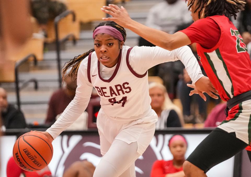 Lawrence Central Bears guard Laila Abdurraqib (44) rushes up the court Thursday, Dec. 7, 2023, during the game at Lawrence Central High School in Indianapolis. The Lawrence Central Bears defeated the Lawrence North Wildcats, 57-55.