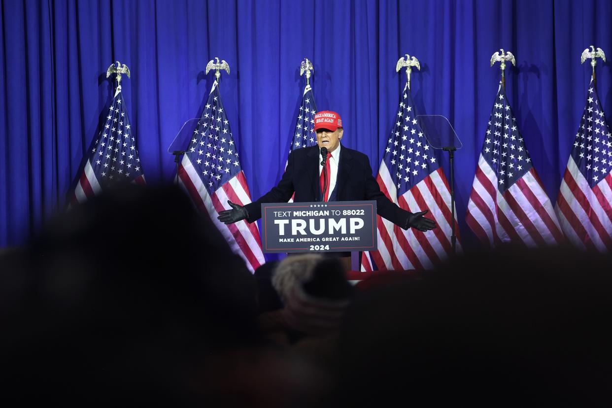 Republican presidential candidate former President Donald Trump speaks to supporters during a rally on Feb.17, 2024 in Waterford, Michigan. The Michigan primary election is scheduled for Feb. 27.