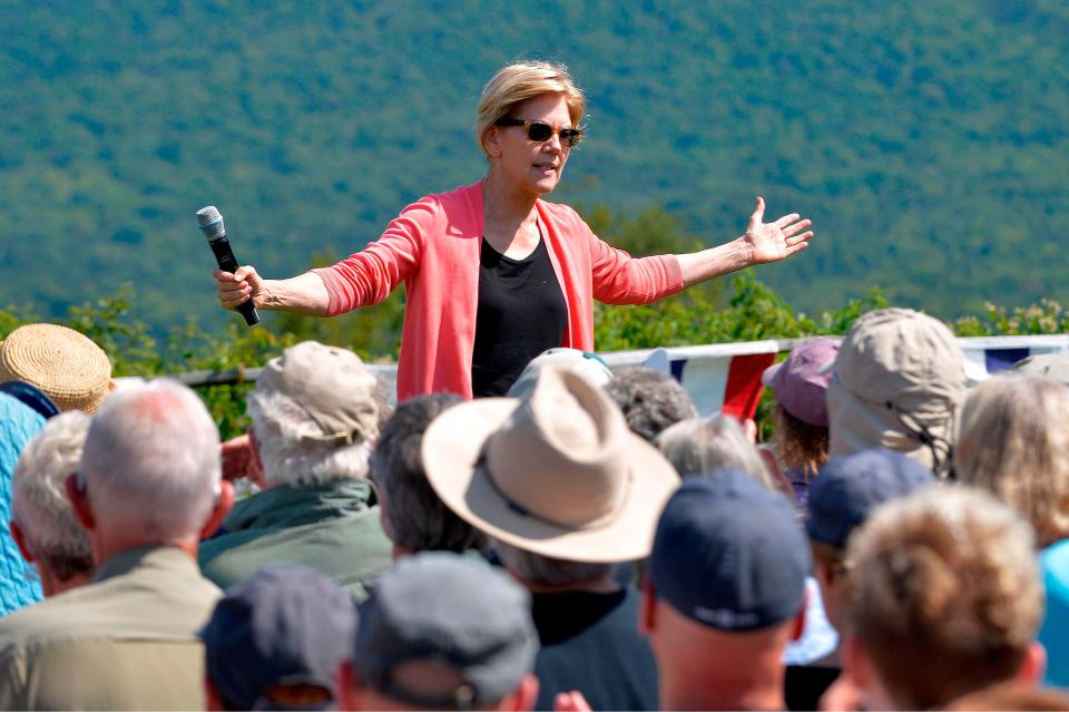 Democratic presidential candidate Elizabeth Warren speaks to supporters during a campaign stop and town hall at Toad Hill Farm in Franconia, New Hampshire, overlooking the White Mountains on August 14, 2019.