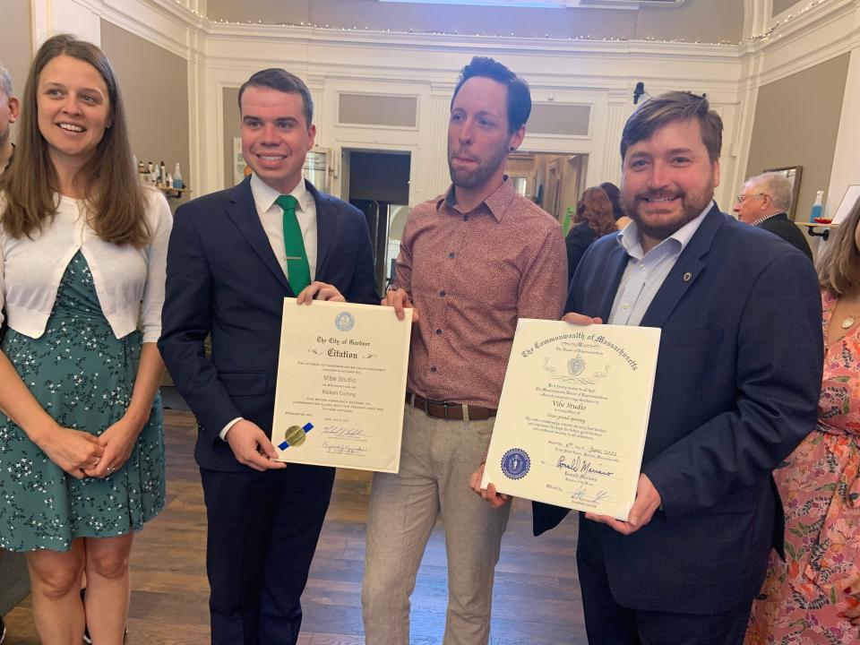 Participating in the official ribbon-cutting ceremony for Vibe Studio hair salon in Gardner on Monday, June 6, are, from left, City Council President Elizabeth Kazinskas, Mayor Michael Nicholson, salon owner Eric DeJackome, and state Rep. Jonathan Zlotnik.