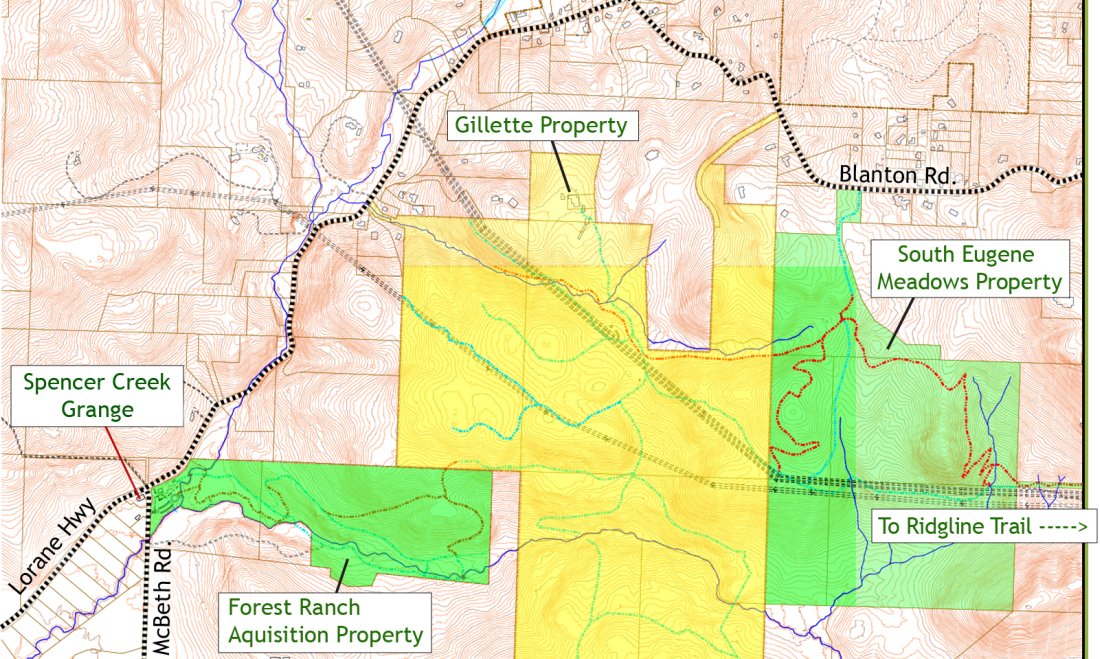 A map shows how the green highlighted property on the left, the eventual Forest Ranch Park, can connect to the existing South Eugene Meadows, the green property on the right, if the intervening Gillette property is also eventually acquired.