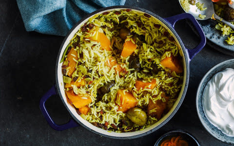 Pumpkin and chestnut plov with yogurt and spiced butter - Credit: Haarala Hamilton