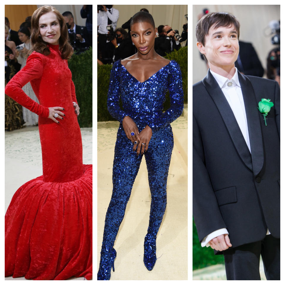 Isabelle Huppert, Michaela Coel and Elliot Page wear Balenciaga at the 2021 Met Gala. - Credit: Lexie Moreland/WWD and AP