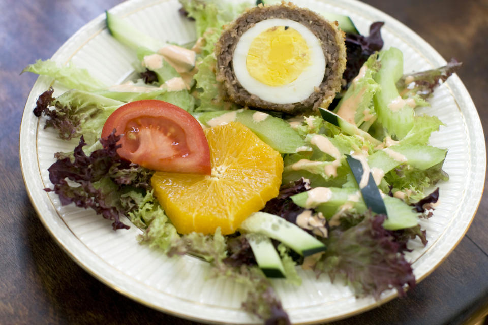 This March 17, 2014 photo shows baked Scotch eggs in Concord, N.H. (AP Photo/Matthew Mead)