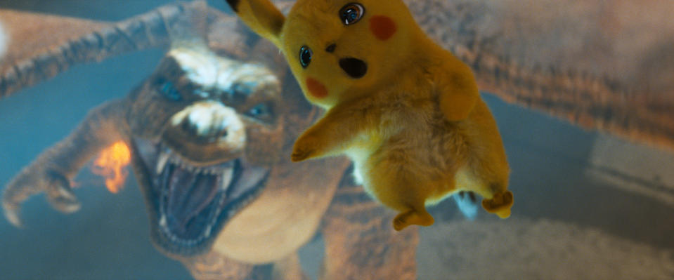 This image released by Warner Bros. Pictures shows the character Detective Pikachu, voiced by Ryan Reynolds, in a scene from "Pokemon Detective Pikachu." (Warner Bros. Pictures via AP)