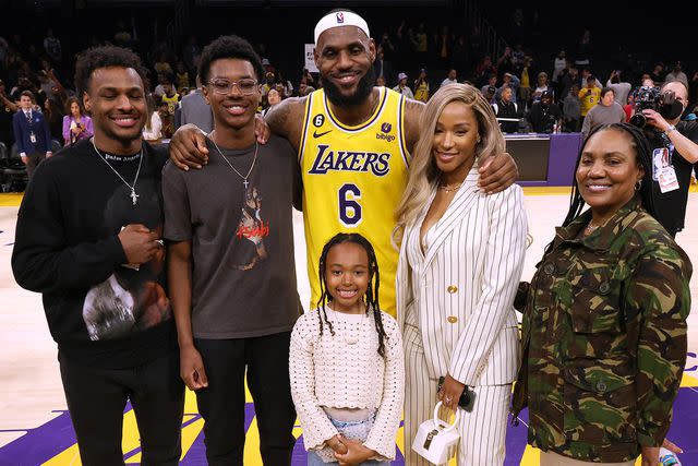 <p>Harry How/Getty</p> Bronny James, Bryce James, LeBron James, Zhuri James, Savannah James, and Gloria James on February 07, 2023 in Los Angeles, California.