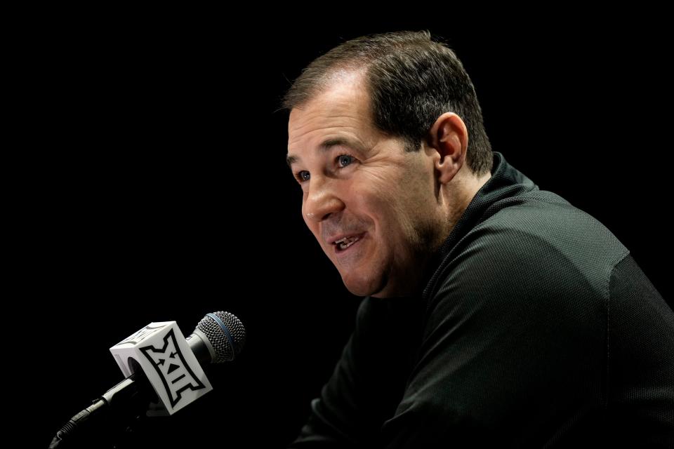 Baylor coach Scott Drew addresses the media during the NCAA college Big 12 men's basketball media day Wednesday, Oct. 18, 2023, in Kansas City, Mo.