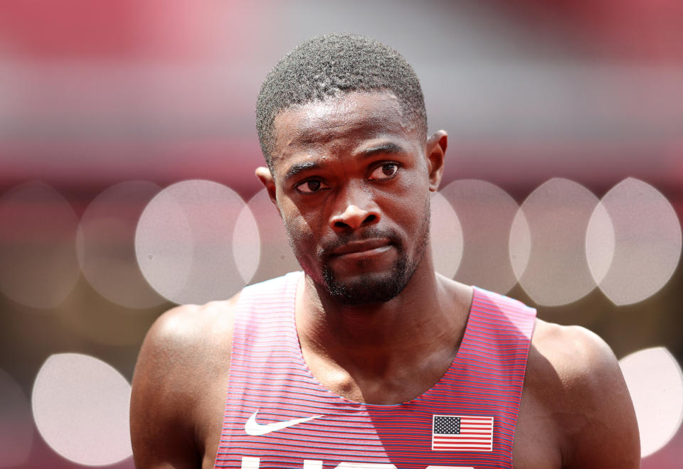 Seen here, USA's Rai Benjamin looks stunned after winning silver in the 400m hurdles final. 