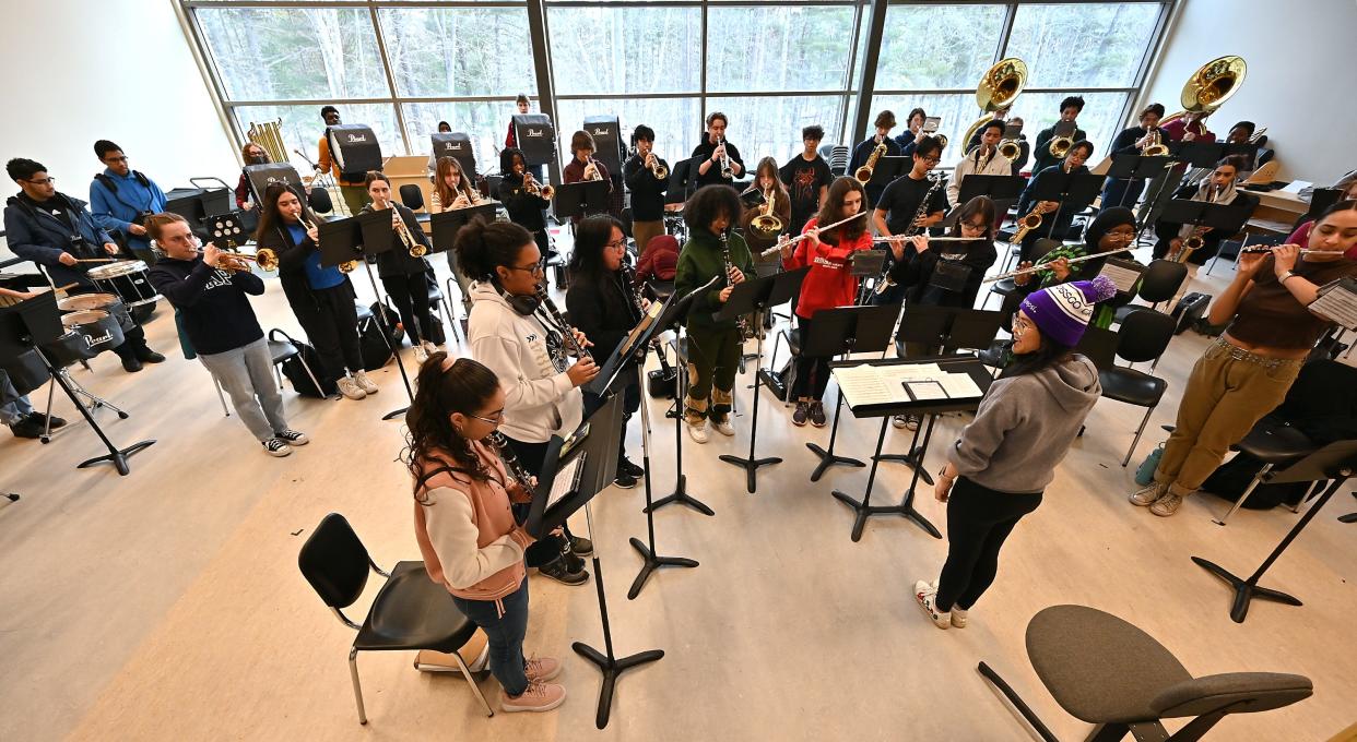 The South High Community School band rehearses Thursday in preparation for the Worcester County St. Patrick's Parade.