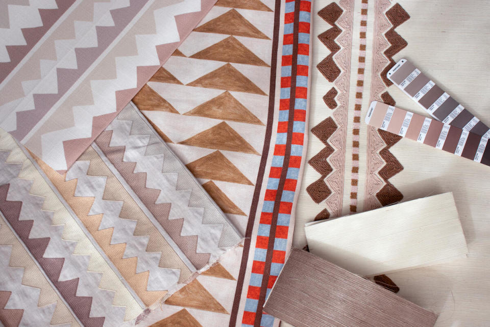 Selections from the Hyde collection by The Vale London, including the Ziggy wallcovering in Dune, Menkaure fabric and Zig Zag embroidery in Dune