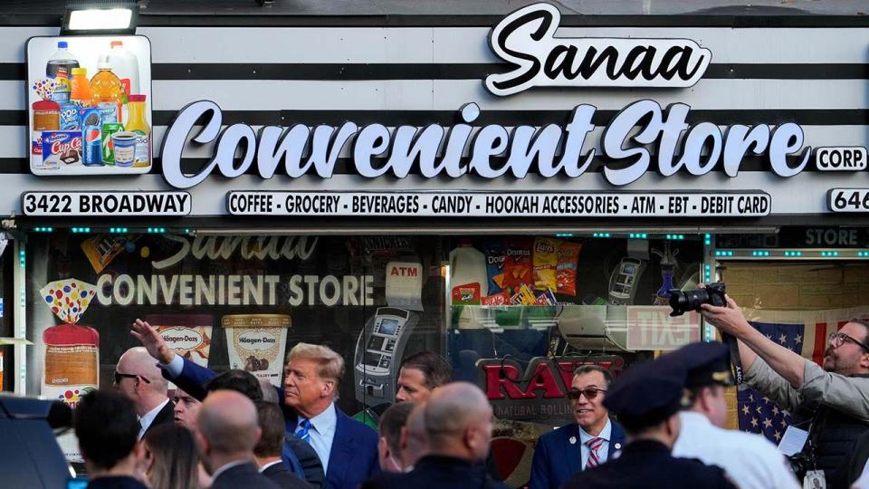 Republican presidential candidate and former U.S. President Donald Trump holds a campaign stop at Sanaa convenient store, in the Harlem section of New York City, U.S., April 16, 2024.