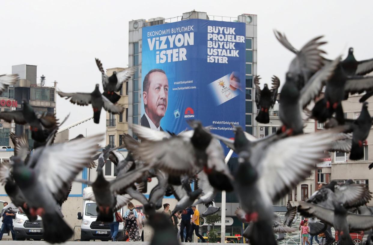 Pigeons fly in front of a large election poster of Turkish President Tayyip Erdogan in Istanbul: Reuters