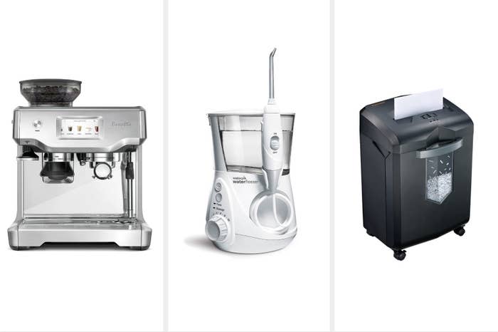 From left: Breville Barista Touch home espresso machine, Waterpik Aquarius water flosser, Bonsaii heavy-duty paper shredder