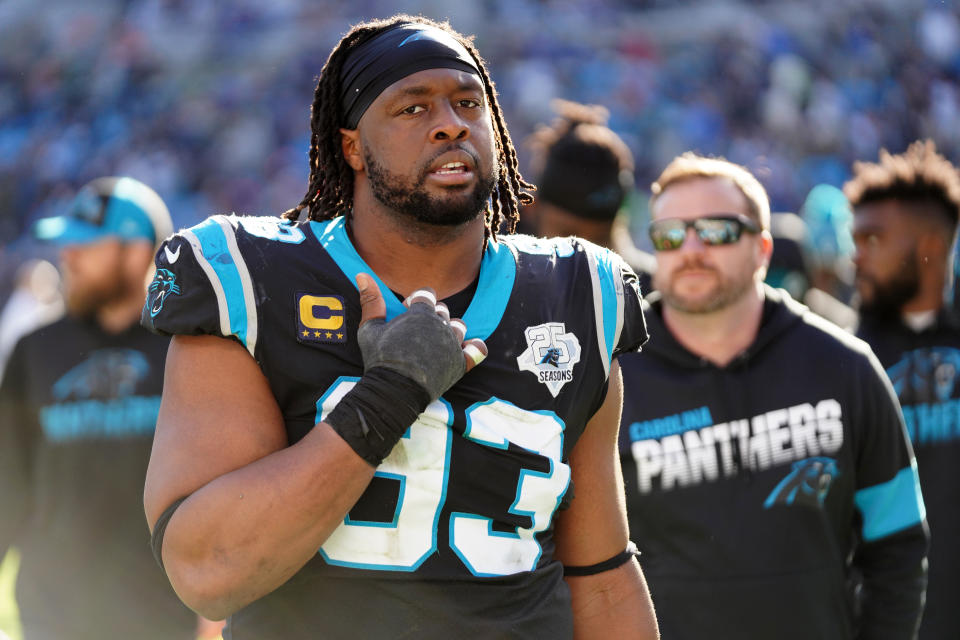 CHARLOTTE, NORTH CAROLINA - DECEMBER 15: Gerald McCoy #93 of the Carolina Panthers during the first half during their game against the Seattle Seahawks at Bank of America Stadium on December 15, 2019 in Charlotte, North Carolina. (Photo by Jacob Kupferman/Getty Images)