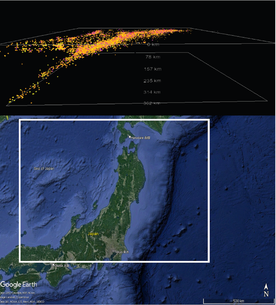 Ten thousand earthquake locations from 1980 to 2009 trace the Pacific Plate as it subducts under northern Japan. The top image is a side view showing the depth of the earthquakes beneath the rectangle on the map. Jaime Toro, <a href="http://creativecommons.org/licenses/by-nd/4.0/" rel="nofollow noopener" target="_blank" data-ylk="slk:CC BY-ND;elm:context_link;itc:0;sec:content-canvas" class="link ">CC BY-ND</a>