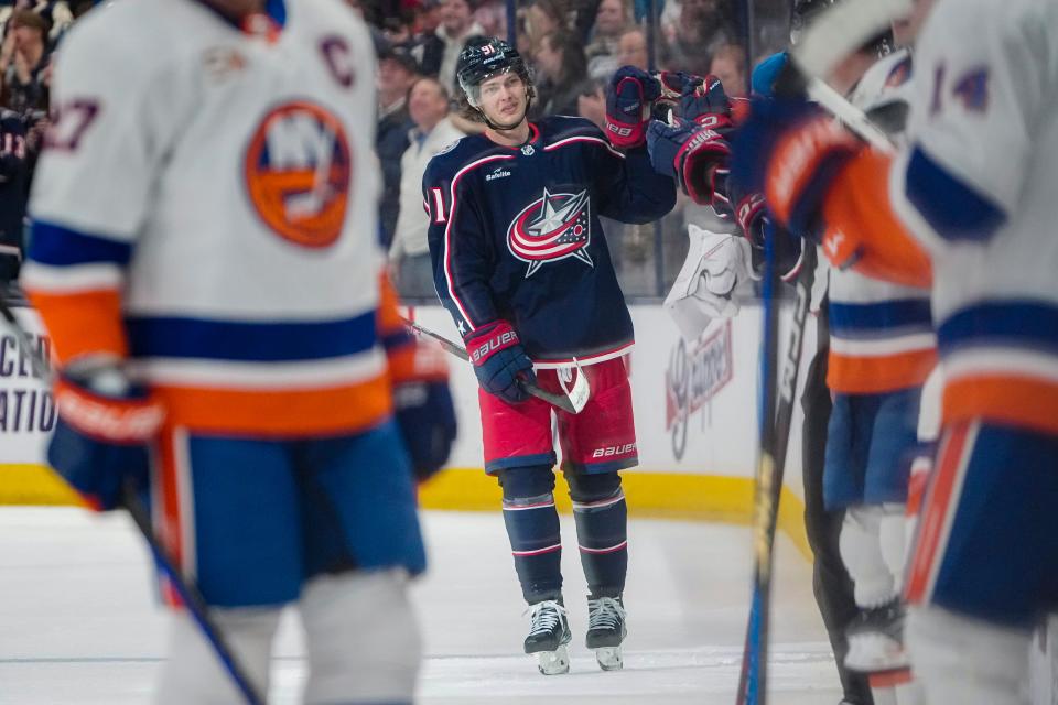 Blue Jackets center Kent Johnson his had 16 goals and 24 assists in 79 games last year as a rookie.