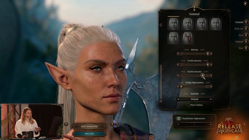 The Baldur's Gate 3 character creation screen shows the genital customization option.