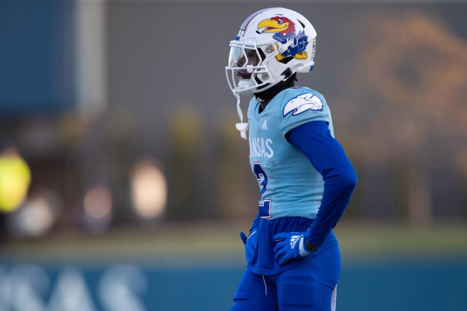 Kansas senior cornerback Cobee Bryant (2) waits for the next play during the Jayhawks' spring showcase event in April at Rock Chalk Park.