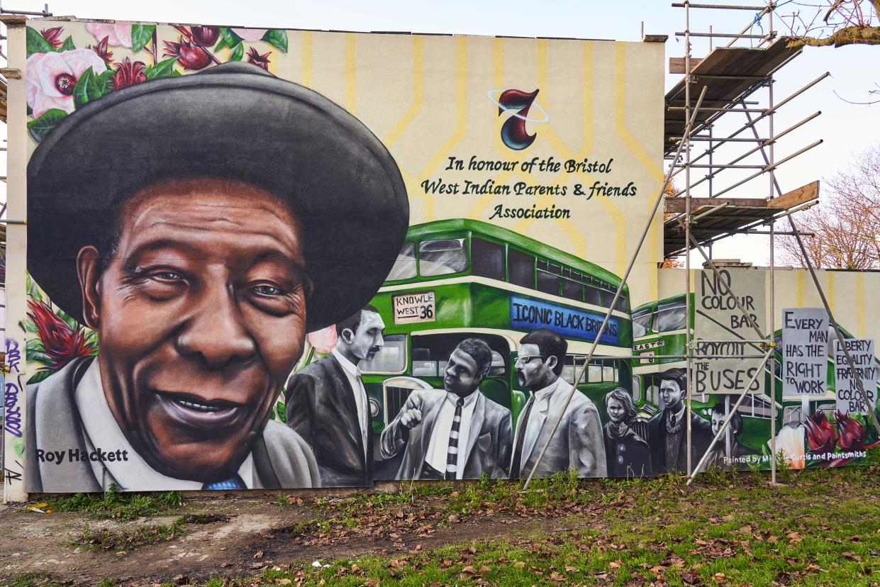 Mural of Lorel 'Roy' Hackett of Bristol Boycott fame on the end wall of a row of terraced houses on the Seven Saints of St Pauls trail in Bristol UK