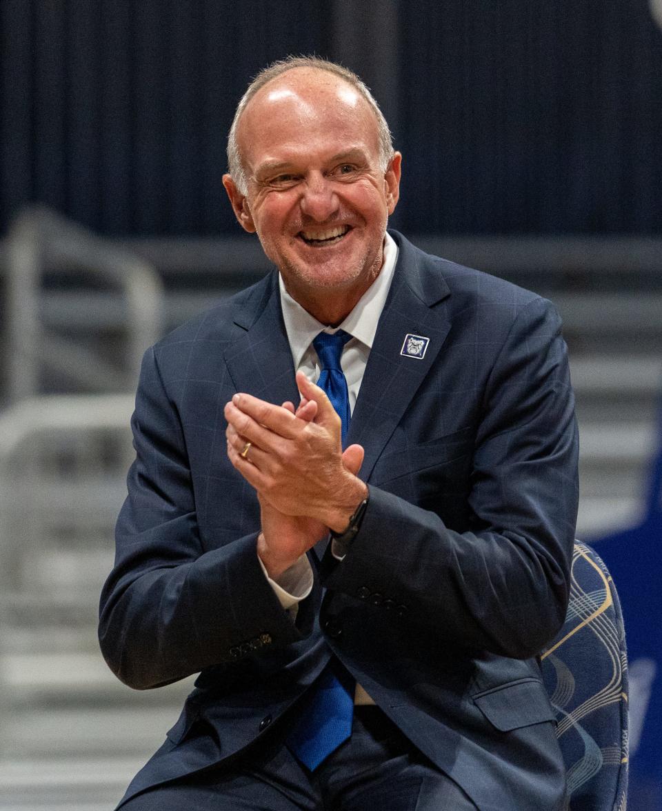 Thad Matta during a ceremony in his honor at Hinkle Fieldhouse, Wednesday, April 6, 2022, for his second stint as head coach of the men’s basketball program at Butler University. 